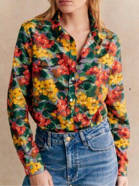 Sezane Pierro Silk Blend Buttown Down Shirt in Abstract Floral US 14 / 3X
